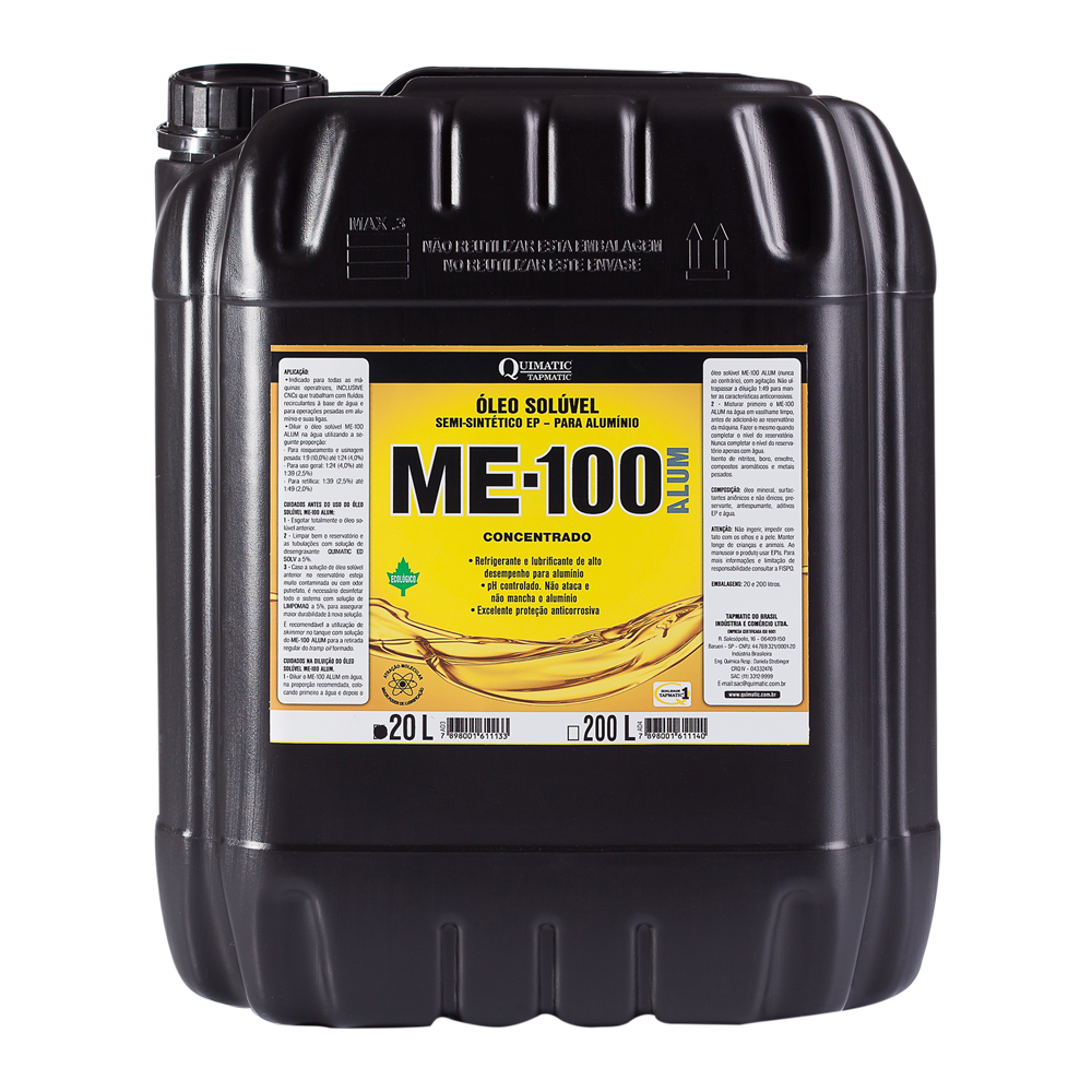 bombona de 20L de óleo solúvel ME- 100 da Quimatic Tapmatic semissintético para usinagem de alumínio
