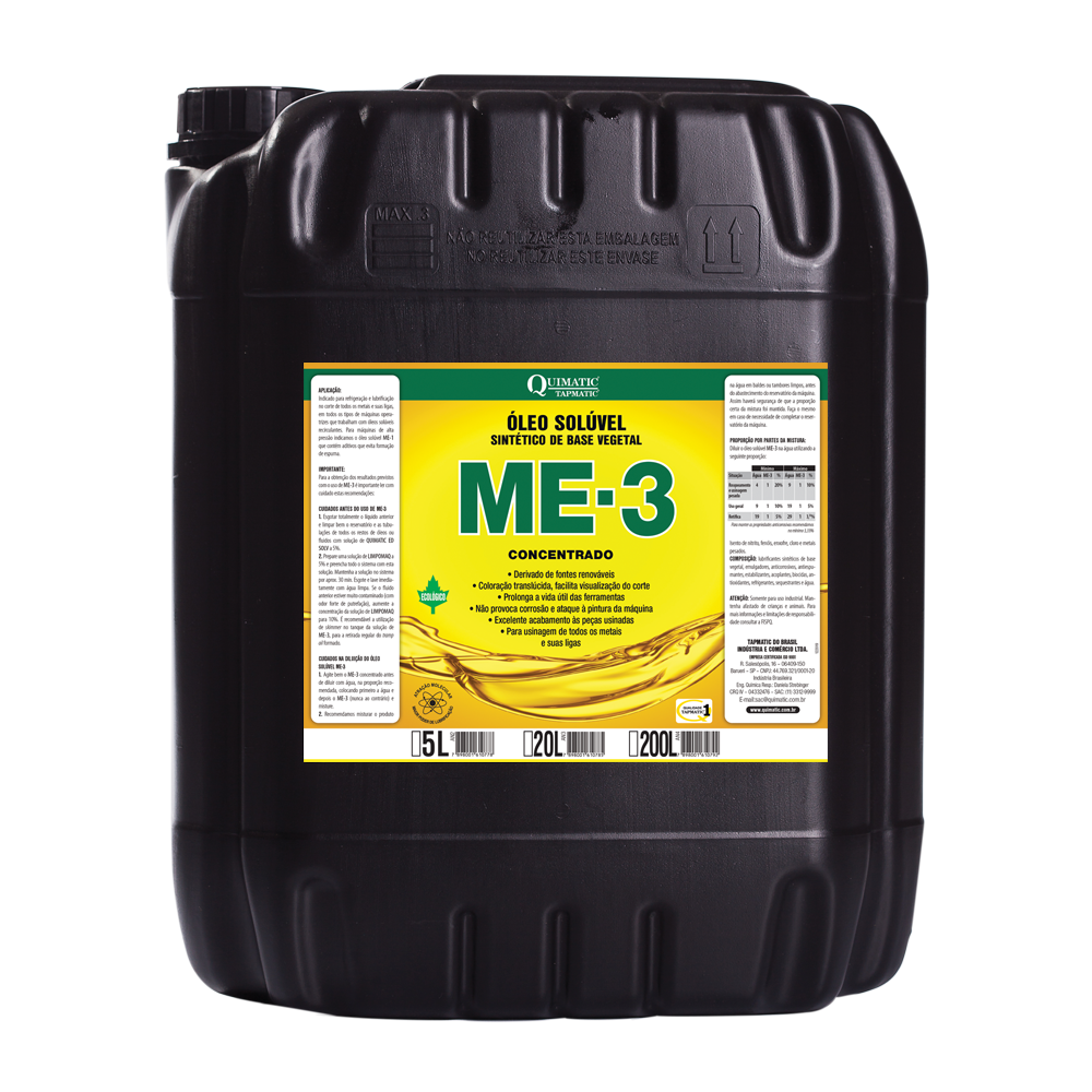 bombona de 20L de óleo solúvel ME- 3 da Quimatic Tapmatic solúvel sintético base vegetal para usinagem de metais em geral