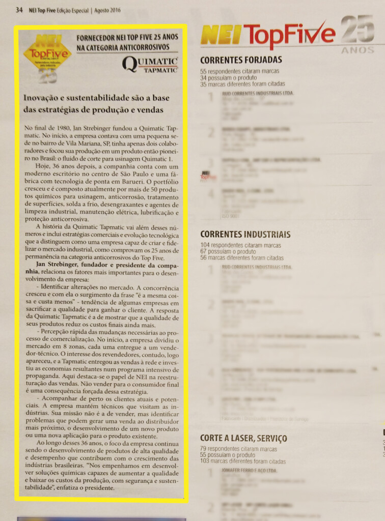 Quimatic Tapmatic há 25 anos consecutivos NEI TOP FIVE