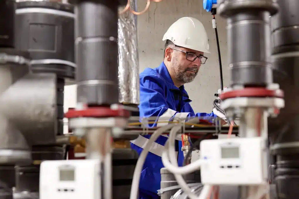 Técnico de manutenção industrial inspecionando conexões de tubulações, válvulas e medidores digitais em planta de mineração. Ele veste macacão azul e capacete branco de segurança.