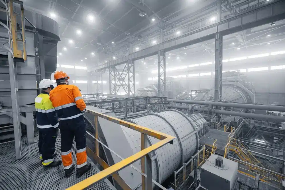Engenheiros ou técnicos de manutenção industrial observando moinhos cilíndricos gigantes operando dentro de uma usina de mineração.