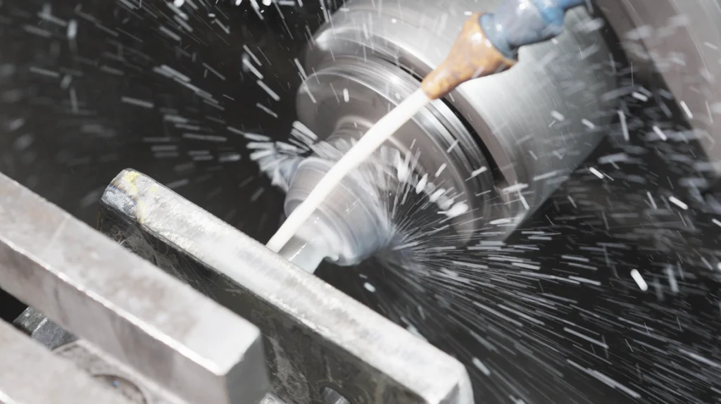 Usinagem com fluido de corte ME-1 em torno industrial.