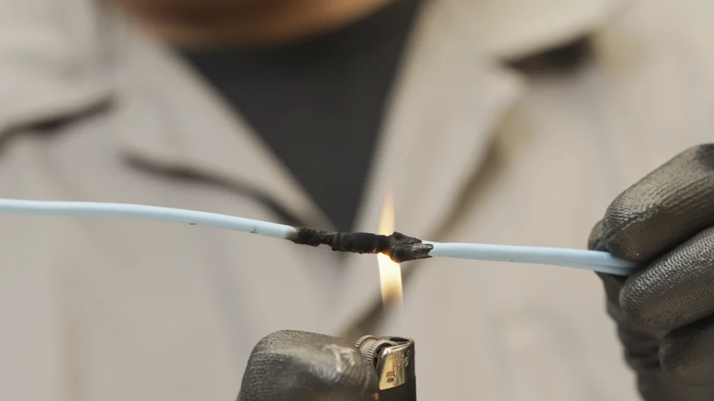 Teste de chama em fio protegido com Fita Isolante Líquida Quimatic.