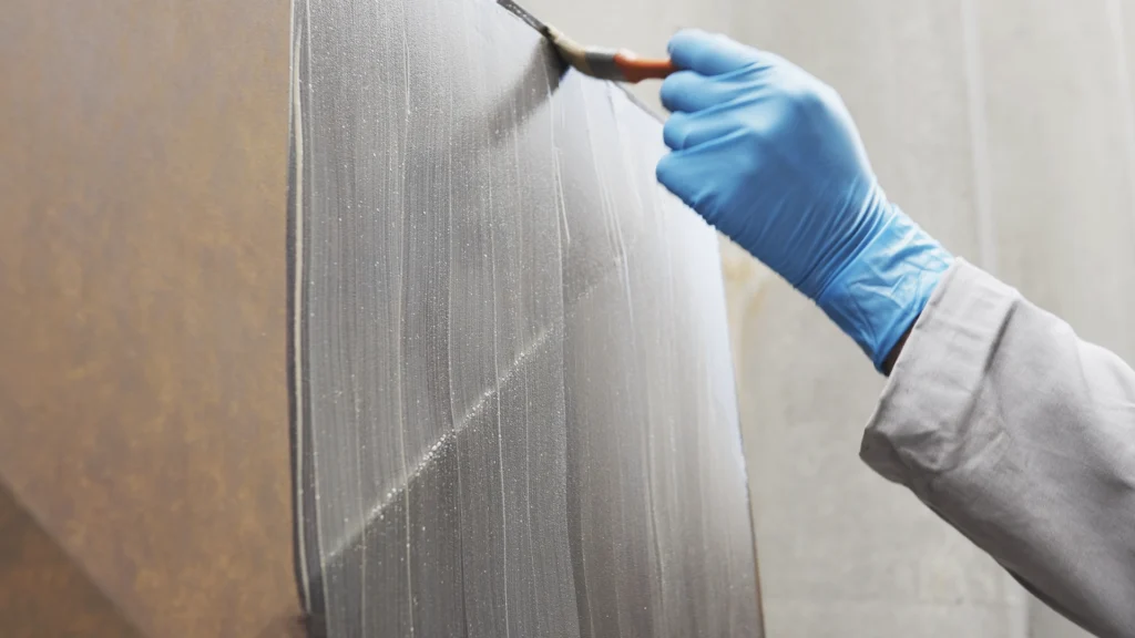 Aplicação de PCF com pincel em chapa metálica oxidada.