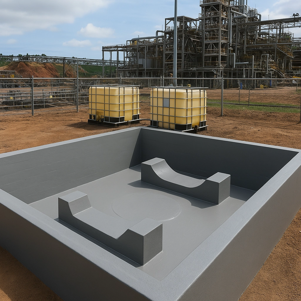 Dique de contenção industrial revestido com Plasteel Alta Resistência Química