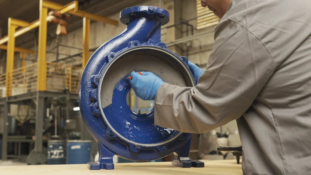 Aplicação de Plasteel Cerâmico Pintável Azul em carcaça de bomba