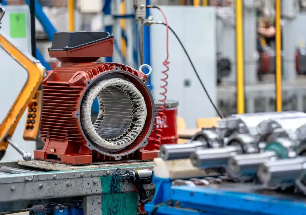 Motor elétrico aberto em bancada de manutenção industrial.