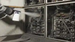 Funcionário aplicando desengraxante industrial biodegradável