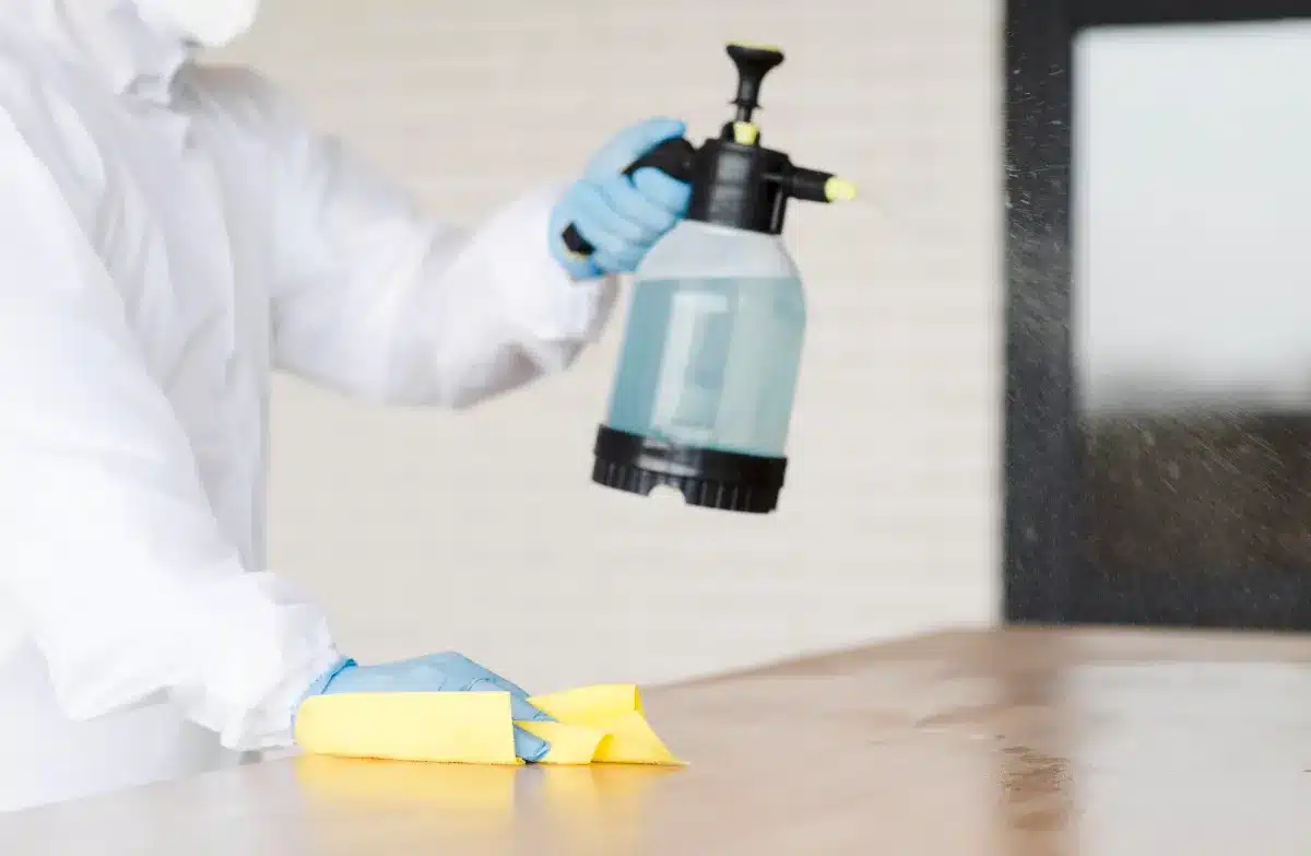 aplicação de produto de limpeza em superfície com borrifador representando tipos de desengraxante